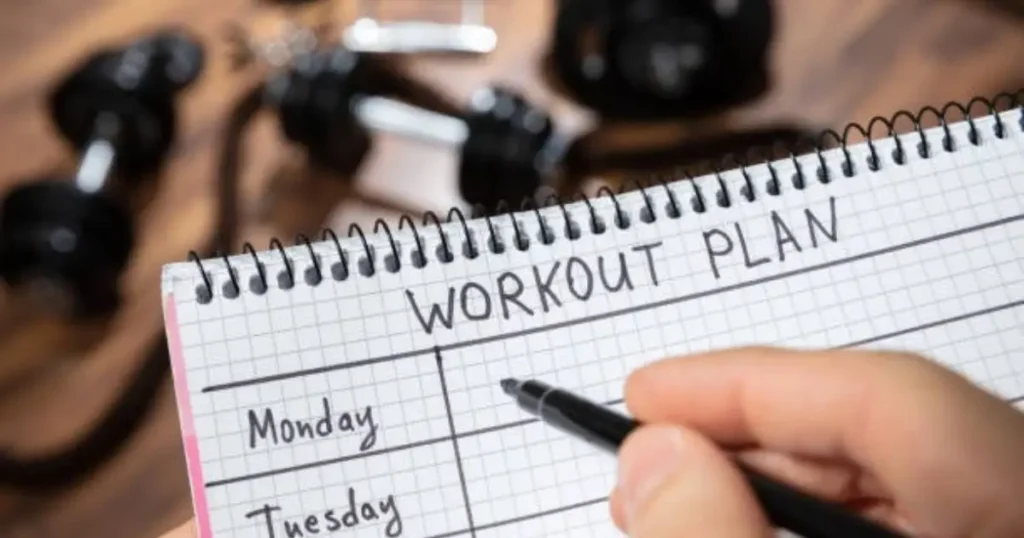 A hand writing "Monday" on a workout plan in a spiral notebook, with dumbbells blurred in the background.