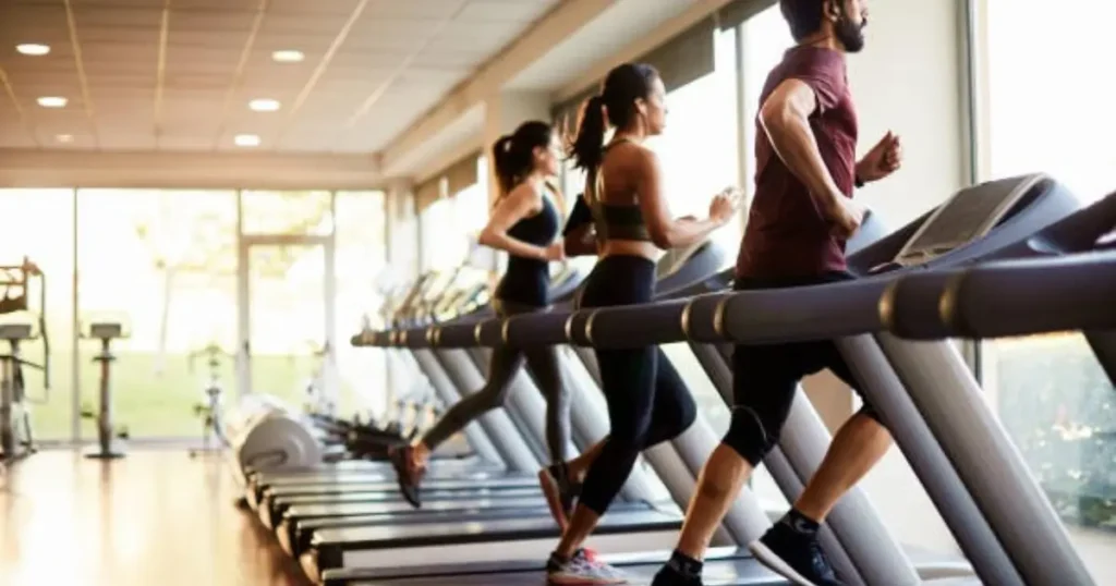 "Group of individuals running on treadmills in a well-lit gym with large windows."