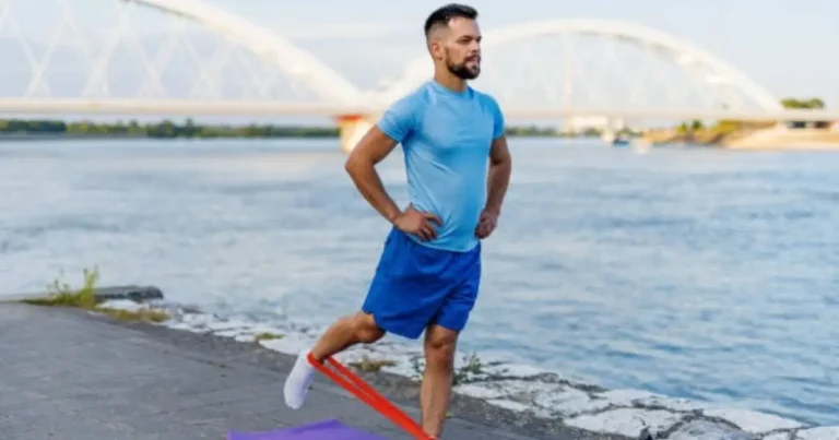 "A man performing resistance band exercises outdoors near a river with a bridge in the background."