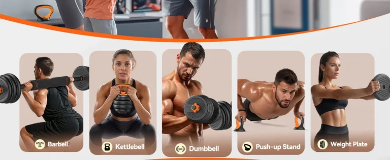 "Five individuals demonstrating exercises using barbells, kettlebells, dumbbells, push-up stands, and weight plates."