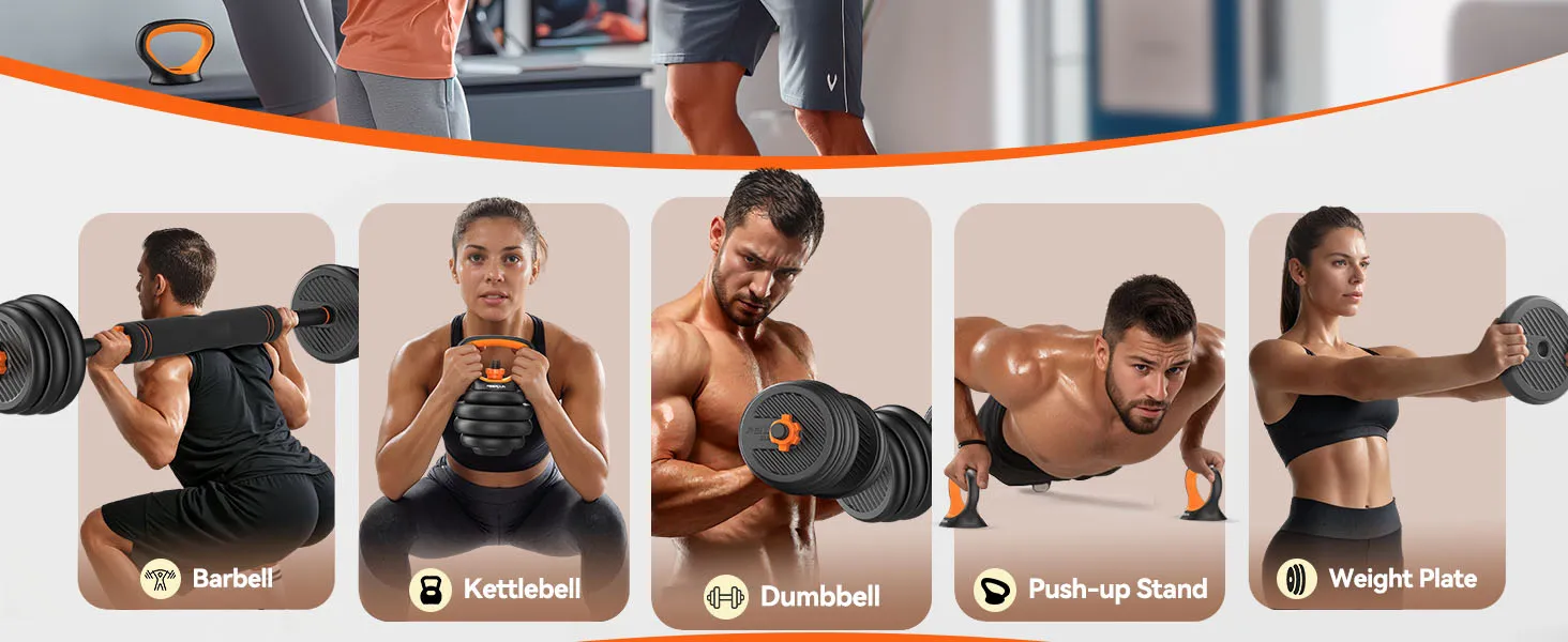 "Five individuals demonstrating exercises using barbells, kettlebells, dumbbells, push-up stands, and weight plates."