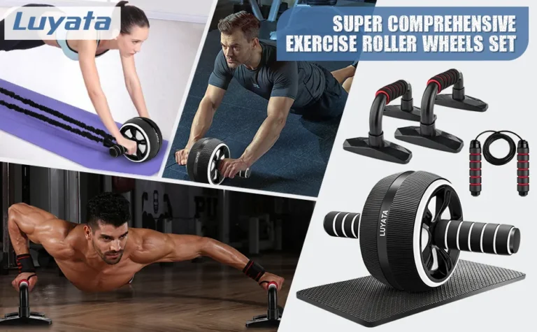 A collage showcasing the Luyata Super Comprehensive Exercise Roller Wheels Set, featuring individuals performing exercises with the equipment and close-up images of the roller wheels, push-up bars, and jump rope.