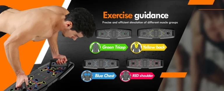 "A man is using a smart workout device with color-coded exercise guidance for different muscle groups."