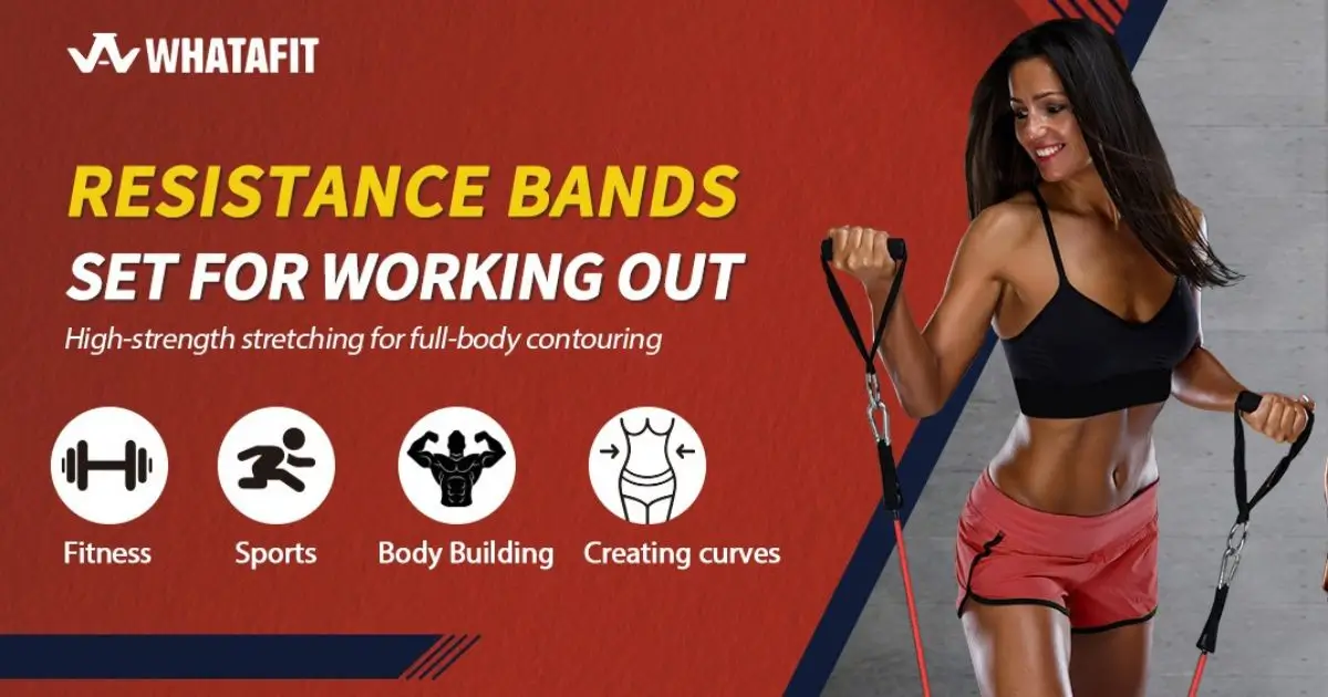 A woman is using resistance bands for a workout, with text highlighting the benefits of "Resistance Bands Set for Working Out" by WhatAFit. The image includes icons representing fitness, sports, bodybuilding, and creating curves.