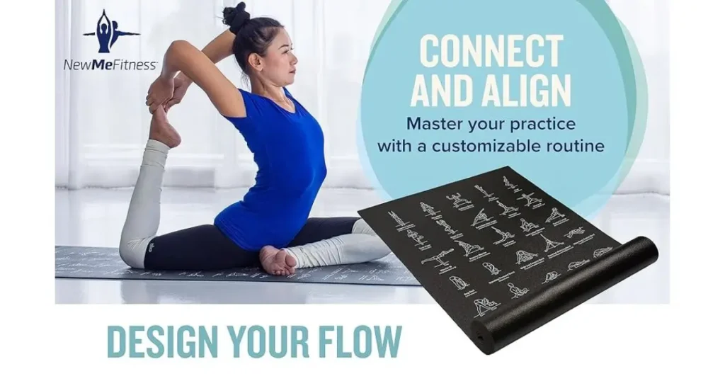 The image you provided appears to be an advertisement for a yoga-related product or service from NewMeFitness . Here's a detailed breakdown of the elements in the image: