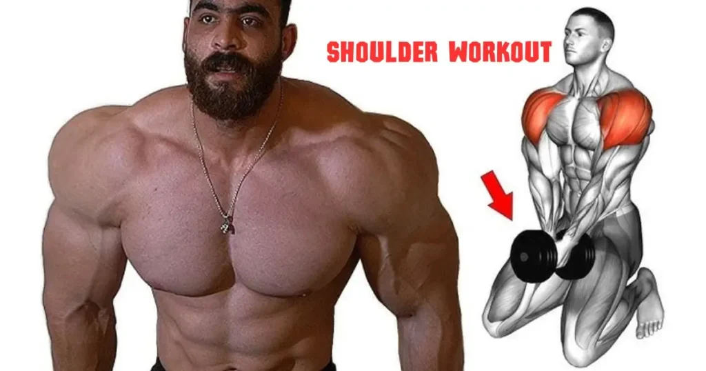 A muscular man showcases his defined physique, with a focus on his shoulders. To the right, an anatomical illustration highlights the shoulder muscles in red, accompanied by text that reads "SHOULDER WORKOUT."